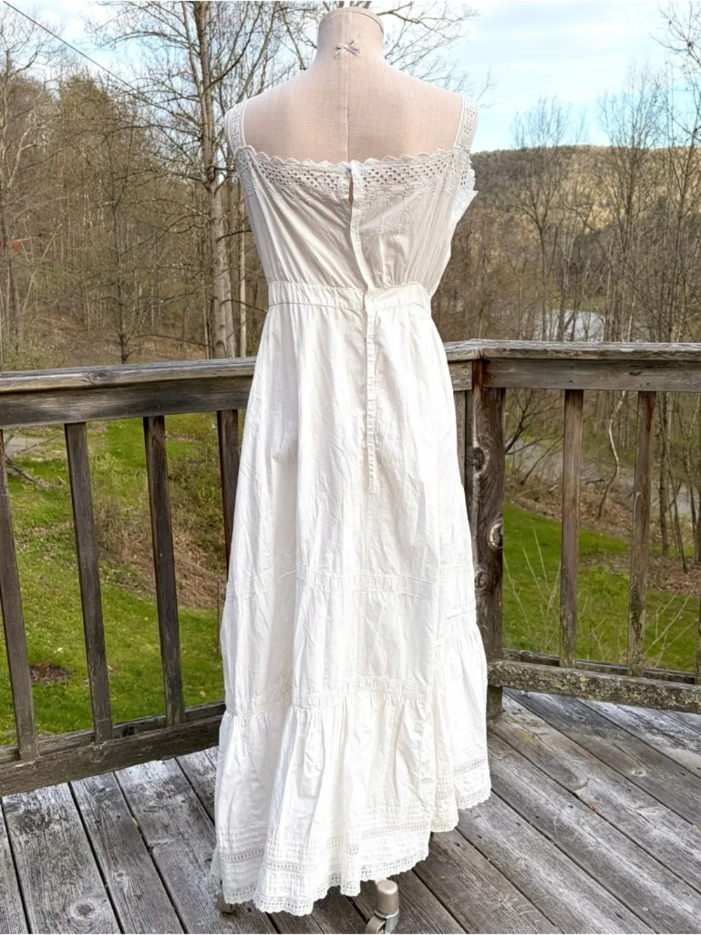 Antique Edwardian White Cotton Eyelet Tiered Prairie Midi Petticoat Dress Size 8 - Picture 4 of 16